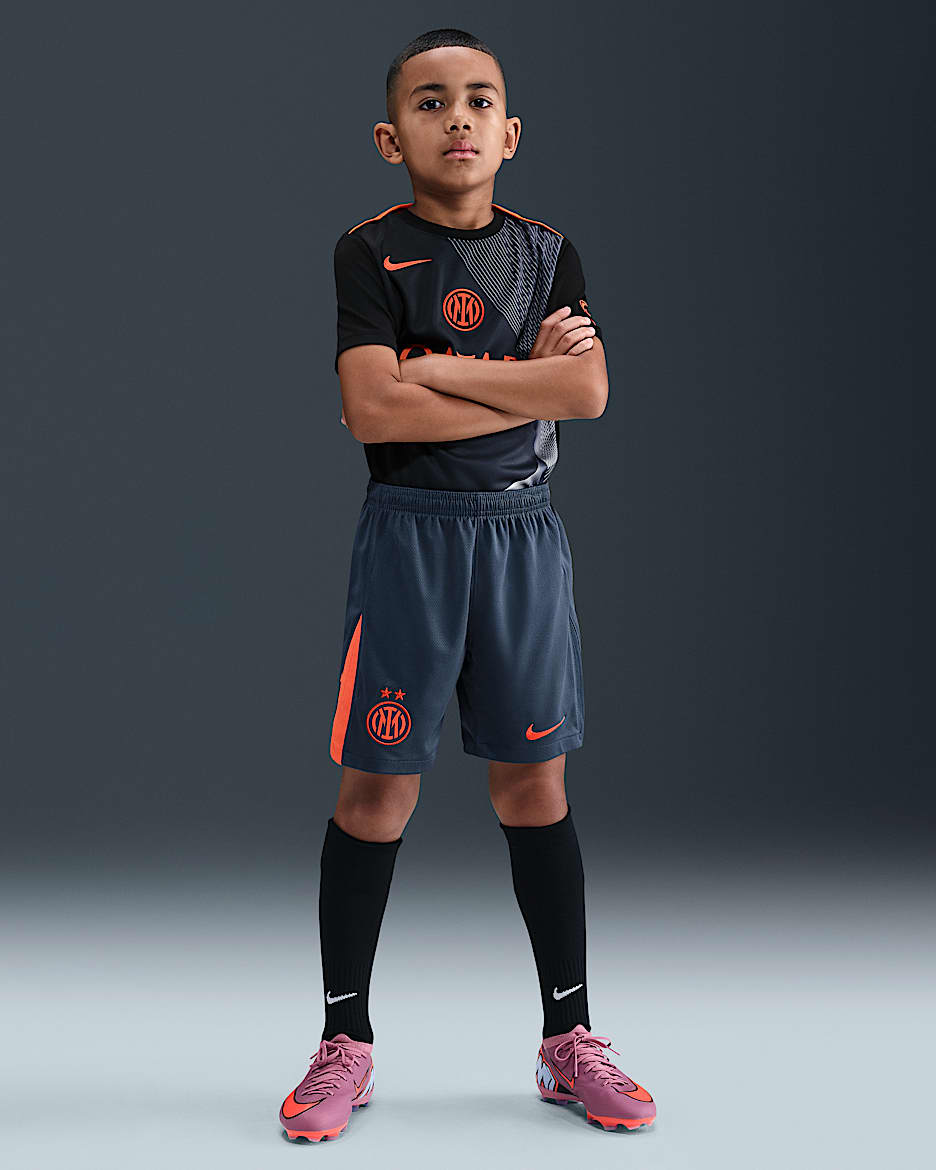 Inter Mailand 2025/26 Stadium Third Nike Dri-FIT Total 90 Replika-Fußballshorts (ältere Kinder) - Thunder Blue/Safety Orange/Safety Orange