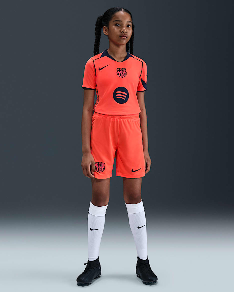 F.C. Barcelona 2025/26 Stadium Third Older Kids' Nike Dri-FIT Total 90 Football Replica Shorts - Bright Mango/Midnight Navy/Midnight Navy