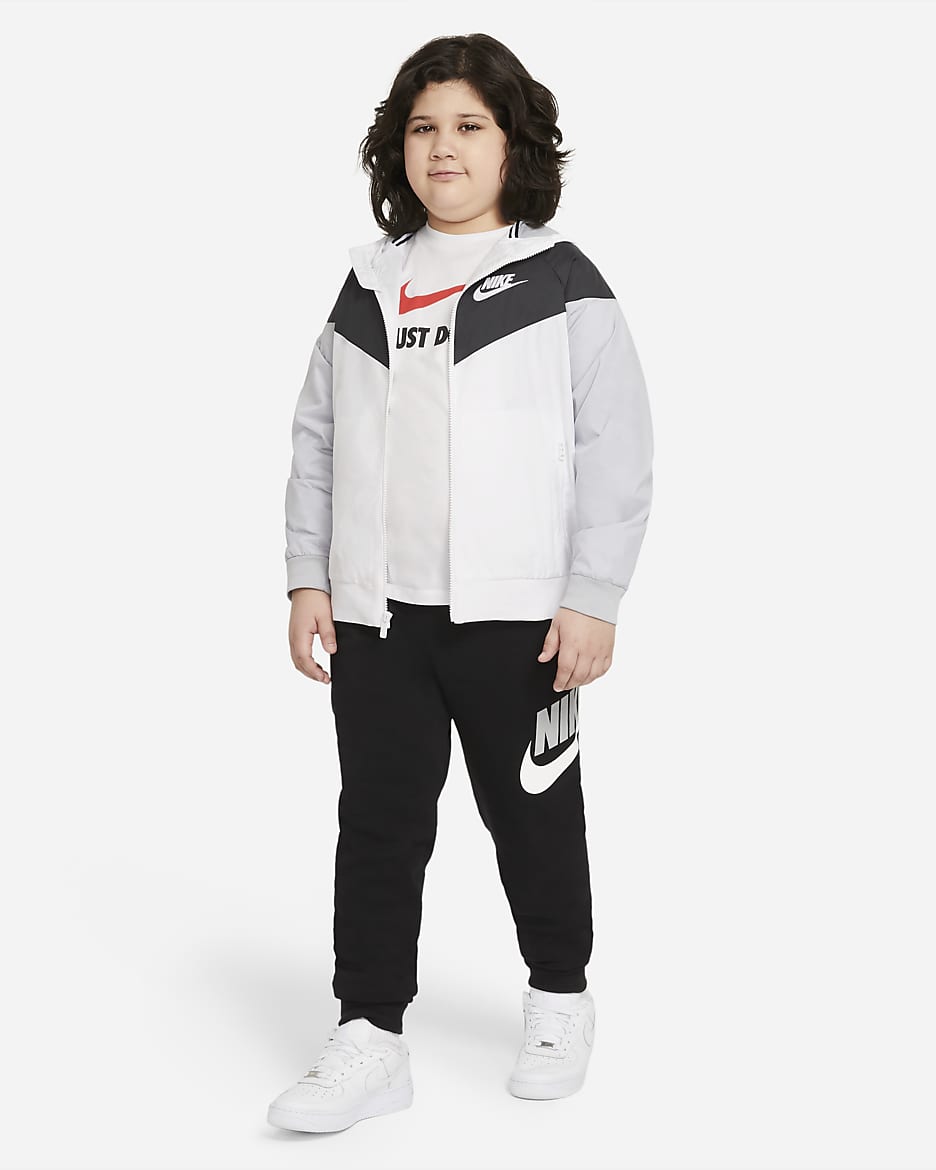 Nike Sportswear Windrunner Kalçaya Kadar İnen Bol Kesimli Genç Çocuk (Erkek) Ceketi (Geniş Beden) - Beyaz/Siyah/Wolf Grey/Beyaz