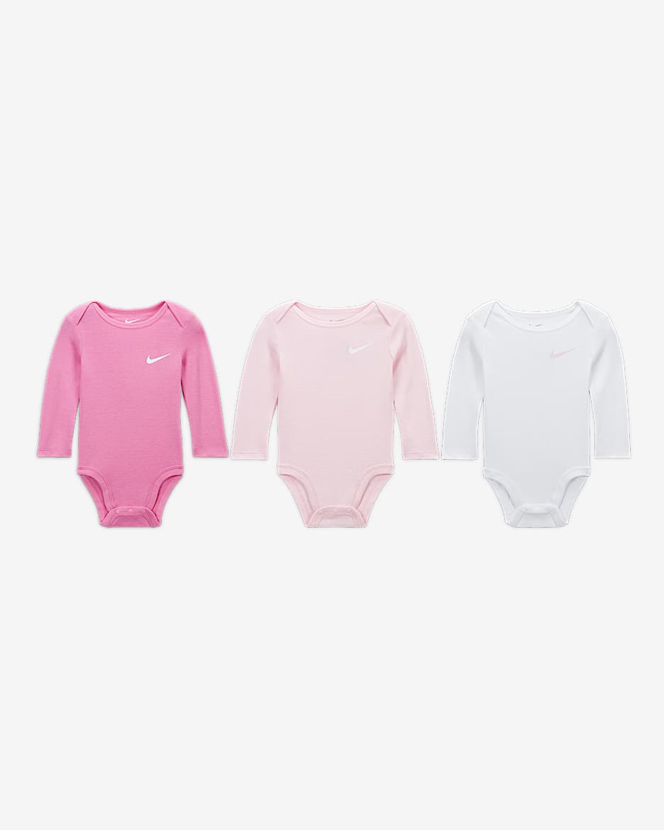Nike Essentials Baby (0-9M) 3-Pack Long Sleeve Bodysuits - Pink Foam