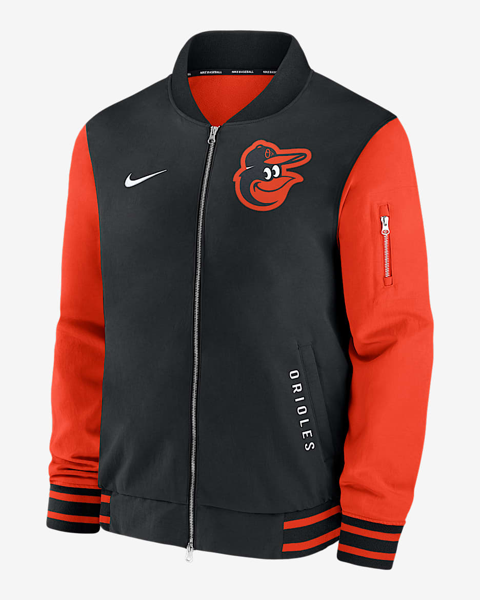 Chamarra bomber Nike de la MLB de cierre completo para hombre Baltimore Orioles Authentic Collection Dugout - Negro