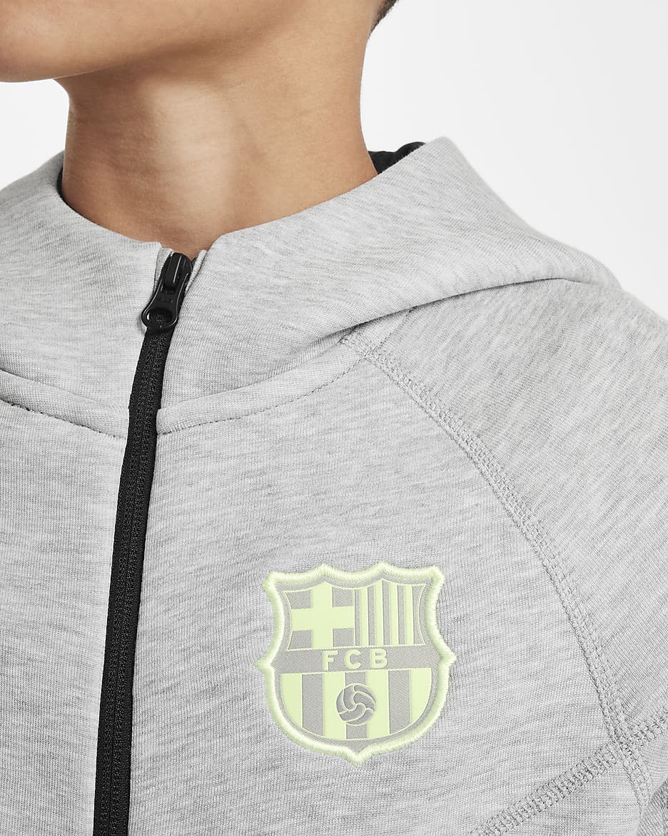 Piłkarska bluza z kapturem i zamkiem na całej długości dla dużych dzieci (chłopców) FC Barcelona Tech Fleece - Dark Grey Heather/Czerń/Barely Volt