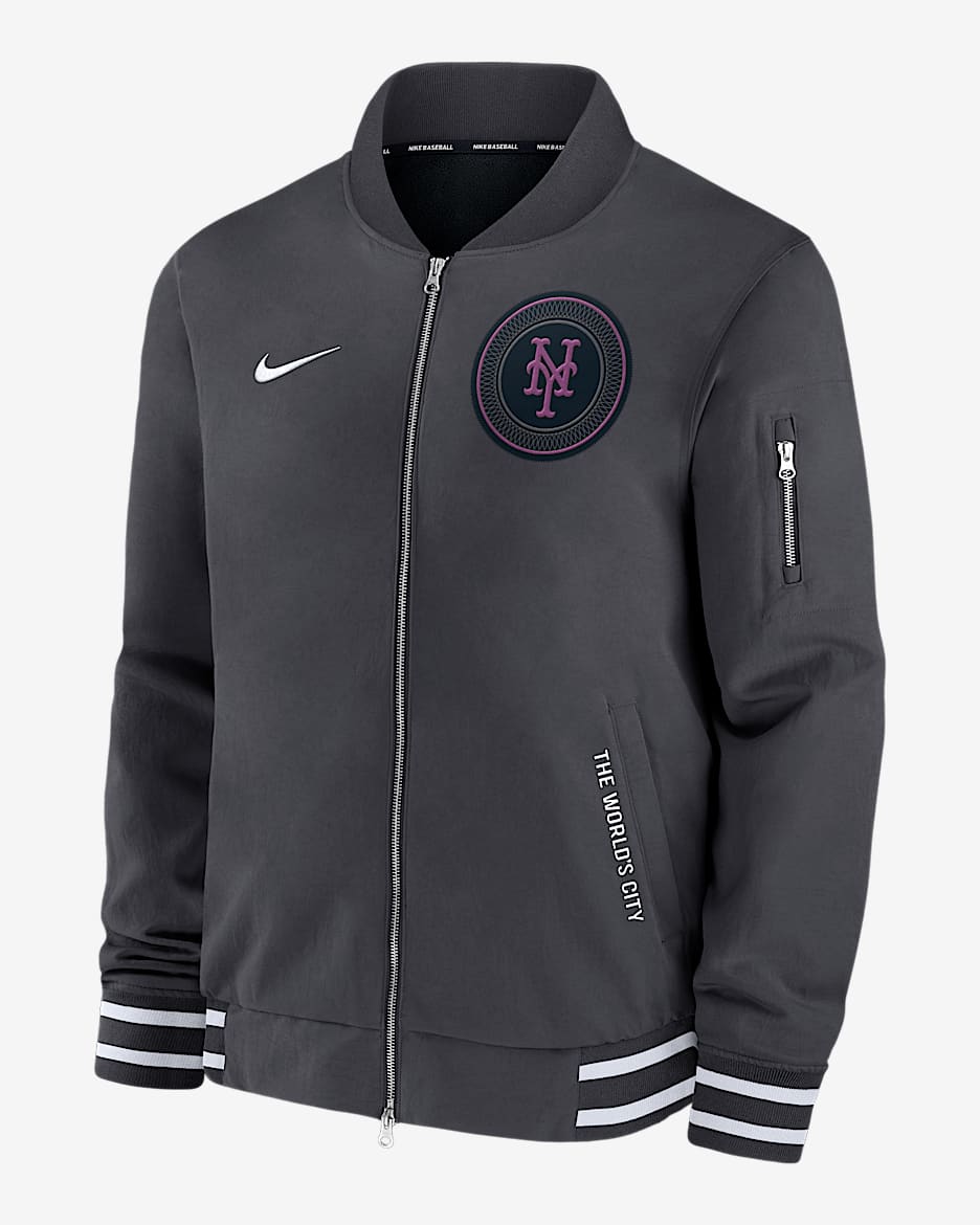 New York Mets Authentic Collection City Connect Men's Nike MLB Full-Zip Bomber Jacket - Anthracite