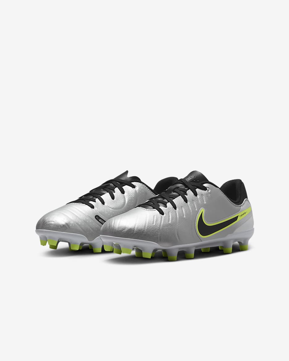 Nike Jr. Tiempo Legend 10 Academy low-top voetbalschoenen voor kleuters/kids (meerdere ondergronden) - Metallic Silver/Volt/Zwart