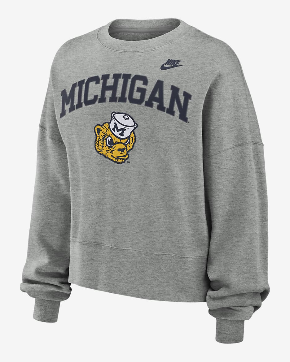 Sudadera de cuello redondo sin cierre universitaria Nike para mujer Michigan Wolverines Legacy Classic Arch - Gris jaspeado