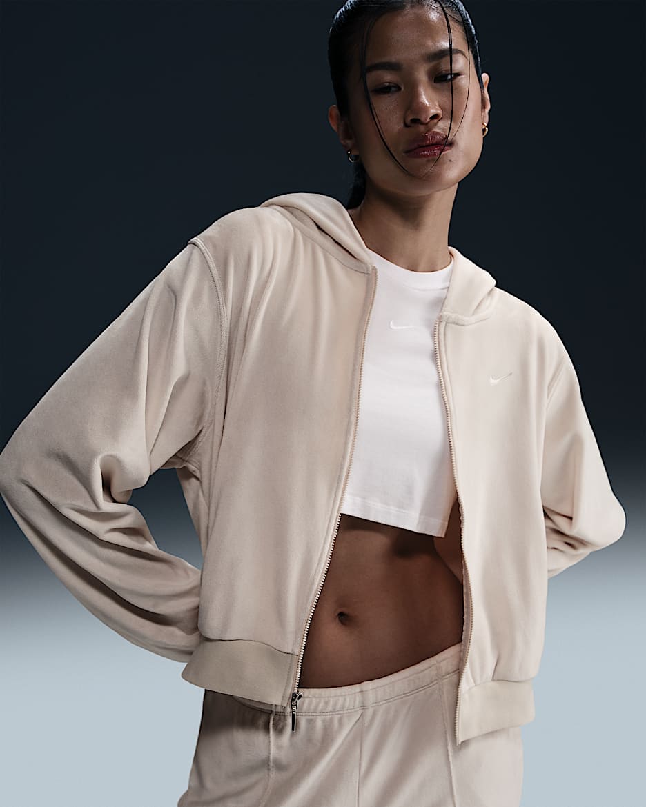 Nike Sportswear Chill Knit Women's Loose Velour Full-Zip Hoodie - Light Orewood Brown/Sail
