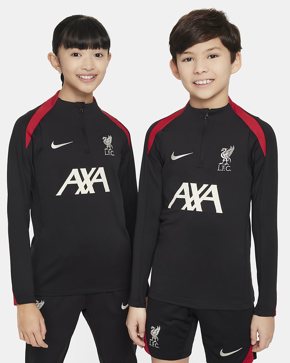 Liverpool FC Strike Nike Dri-FIT felső futball-edzőfelső nagyobb gyerekeknek - Fekete/Fekete/Gym Red/Light Orewood Brown