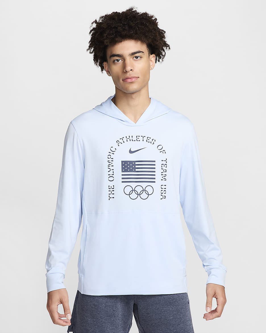 Sudadera con gorro Nike Dri-FIT Yoga ligera para hombre USA Restore - Azul celestino/Jaspeado/Azul eléctrico/Obsidiana