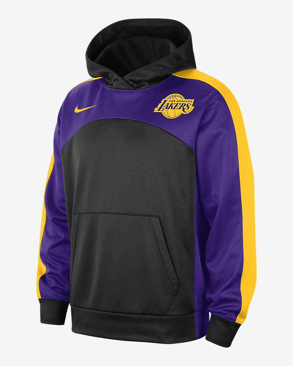 Sudadera con gorro Nike Therma-FIT de la NBA con gráfico para hombre Los Angeles Lakers Starting 5 - Negro/Morado campo/Amarillo/Amarillo