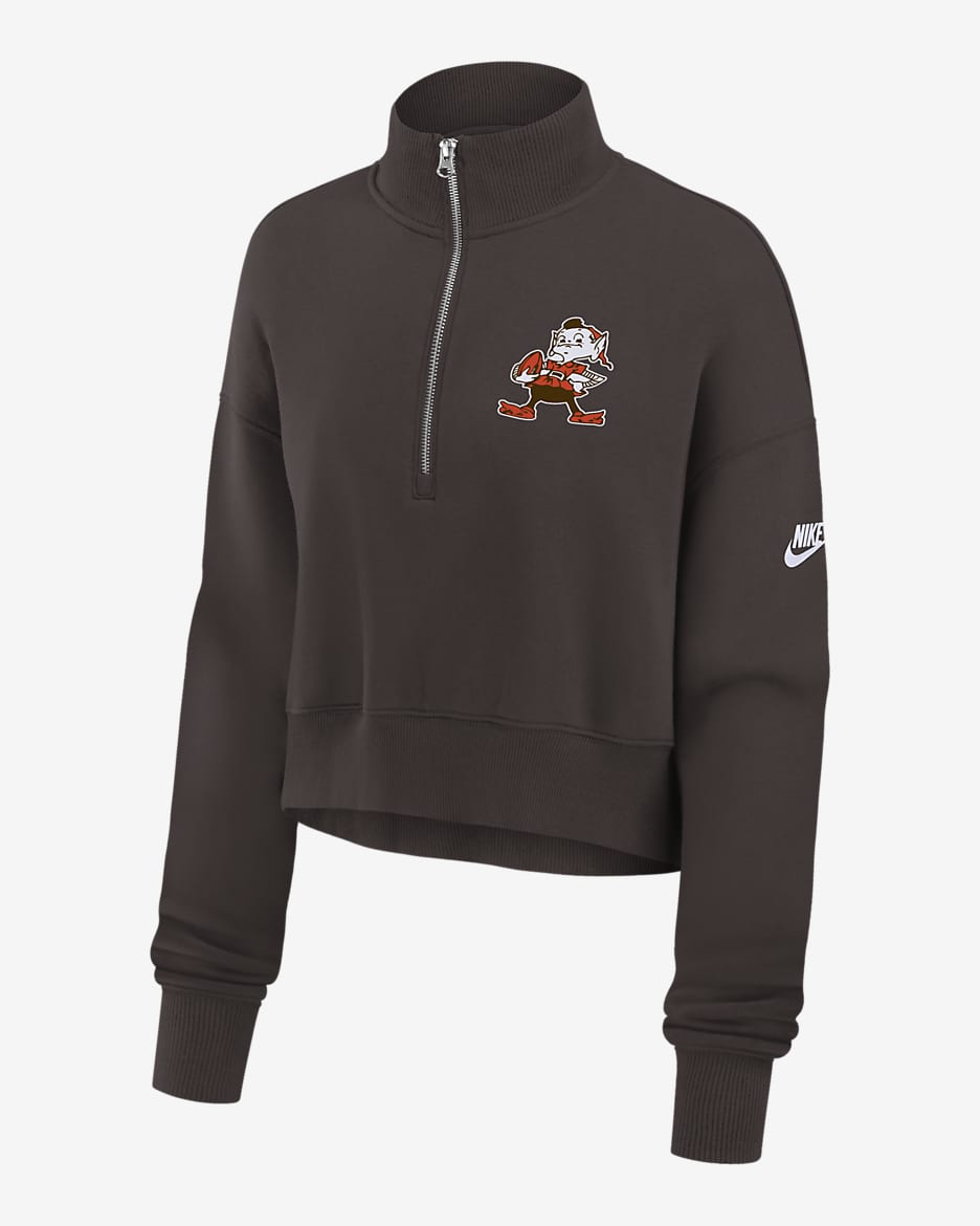 Sudadera de cuello redondo Nike de la NFL cropped de cierre de 1/4 para mujer Cleveland Browns Rewind Phoenix - Marrón