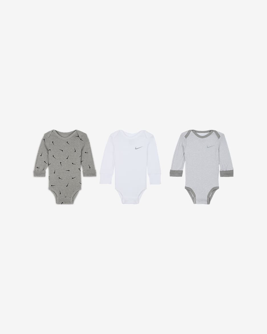 Nike Baby Essentials Baby (0–9M) Long-Sleeve Bodysuits (3 Pack) - Dark Grey Heather