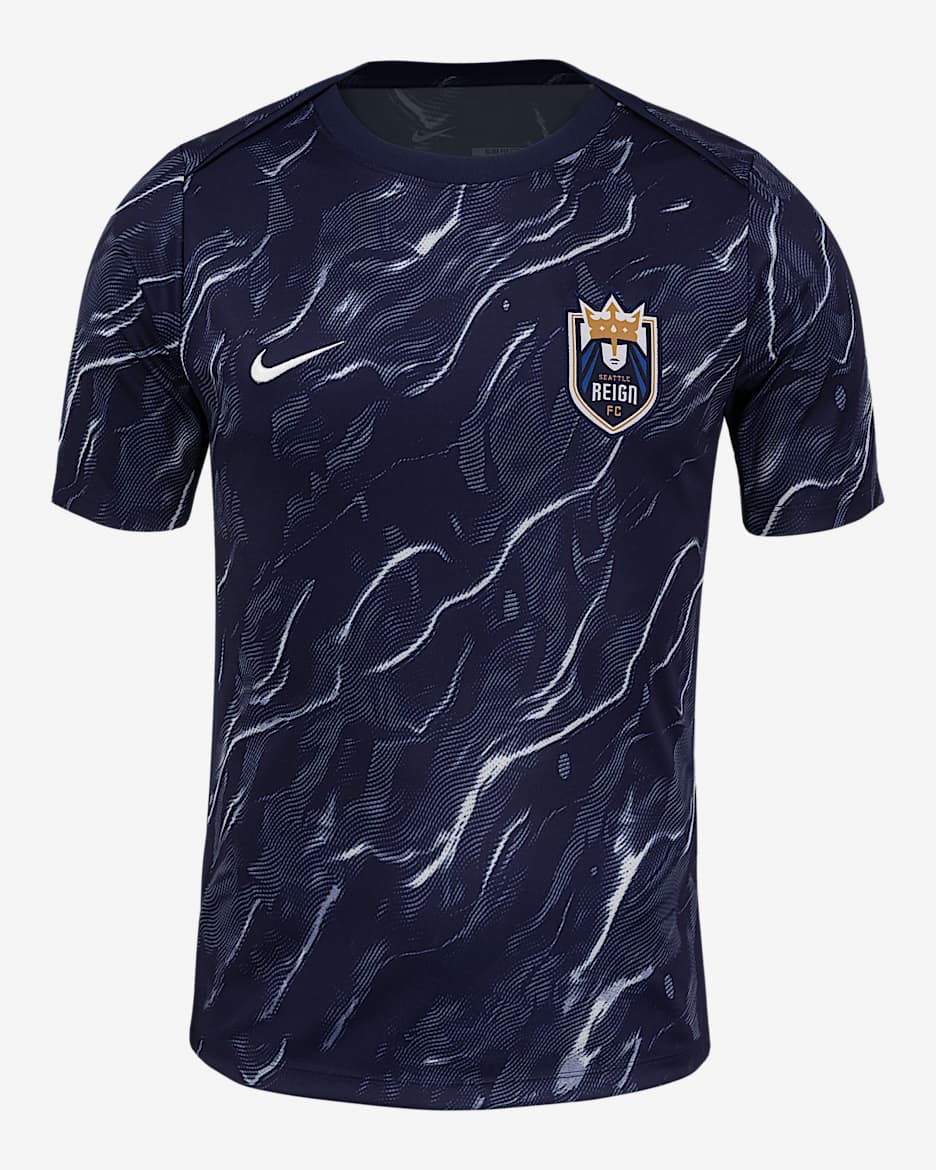Playera de manga corta Nike de la NWSL para antes del partido para hombre Seattle Reign 2025 - Blanco cumbre/Azul oscuro