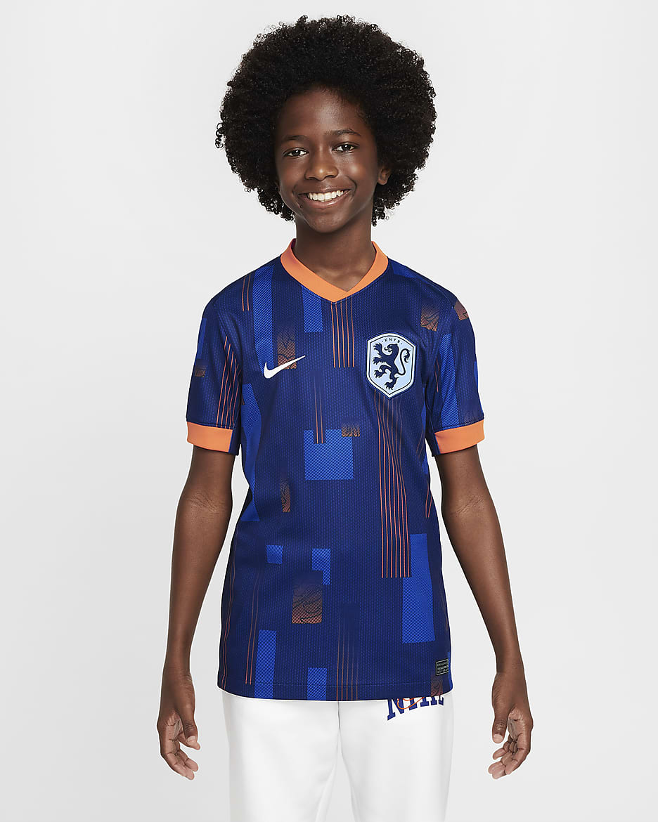 Holland 2024/25 Stadium Away Nike Dri-FIT Replica-fodboldtrøje til større børn (kvindehold) - Blue Void/Safety Orange/Copa/hvid