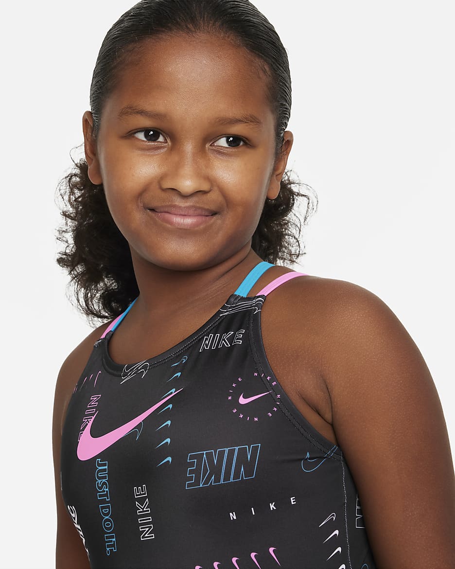 Nike Older Kids' (Girls') Spiderback One-piece Swimsuit - Black/Pink Spell/Blue Lightning/Pink Spell