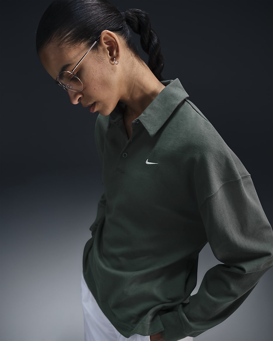 Polo de manga larga oversized para mujer Nike Sportswear Essential - Verde vintage/Vela