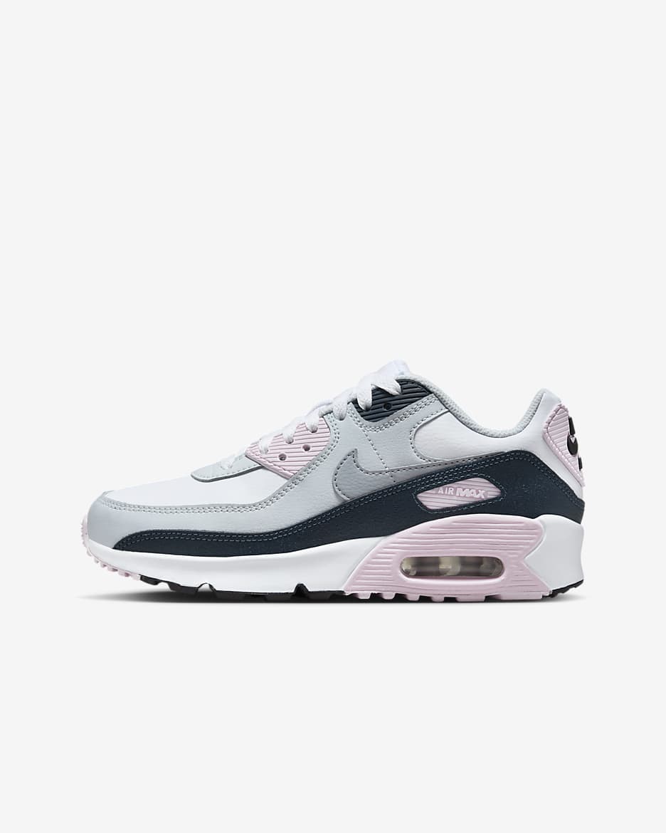 Tenis para niños grandes Nike Air Max 90 - Blanco/Espuma rosa/Azul marino militar/Gris lobo