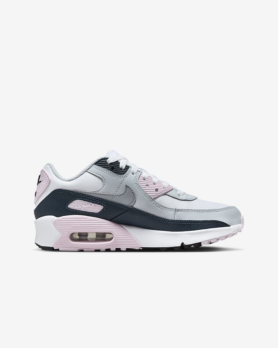 Tenis para niños grandes Nike Air Max 90 - Blanco/Espuma rosa/Azul marino militar/Gris lobo