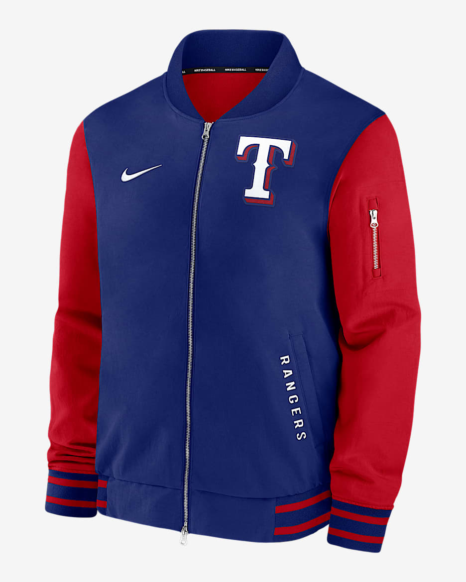 Chamarra bomber Nike de la MLB de cierre completo para hombre Texas Rangers Authentic Collection Dugout - Azul royal intenso