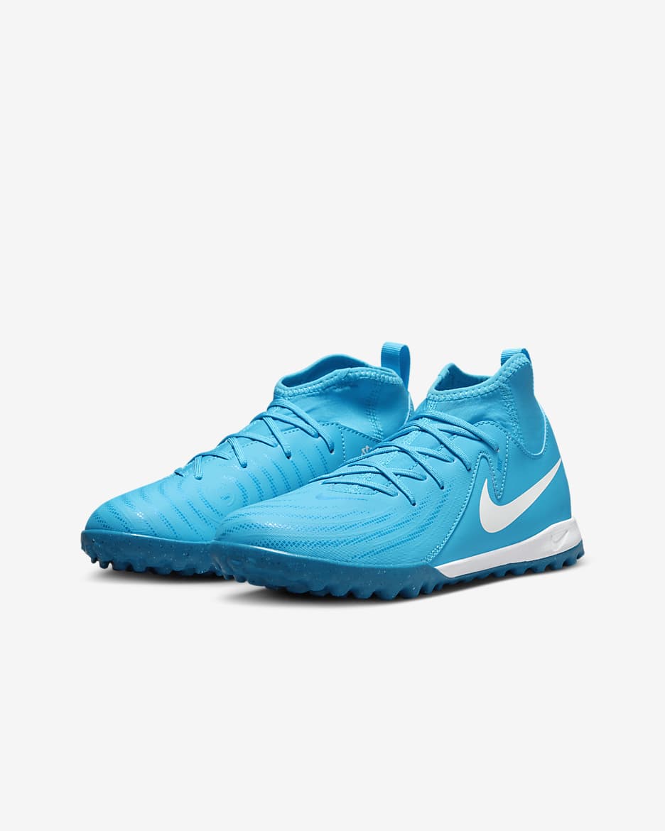 Tacos de fútbol TF para niños de preescolar y grandes Nike Jr. Phantom Luna 2 Academy - Azul furia/Blanco