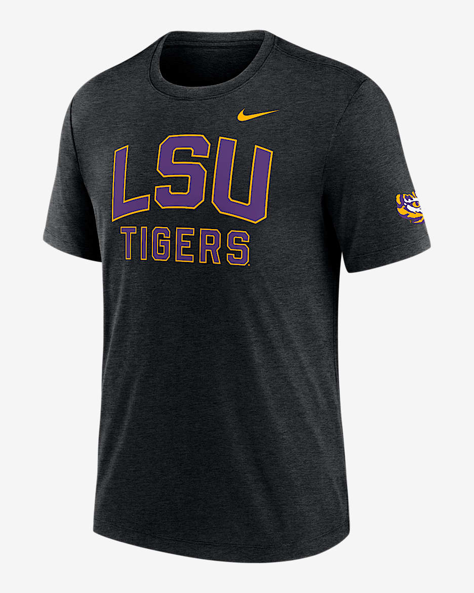 Playera universitaria Nike para hombre LSU Campus Collegiate Block - Negro jaspeado