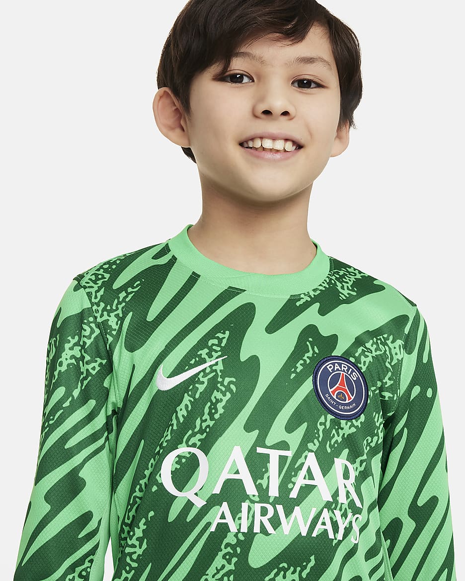 Replika brankářského fotbalového dresu Nike Dri-FIT Paris Saint-Germain Stadium 2024 pro větší děti - Green Spark/Pine Green/Bílá