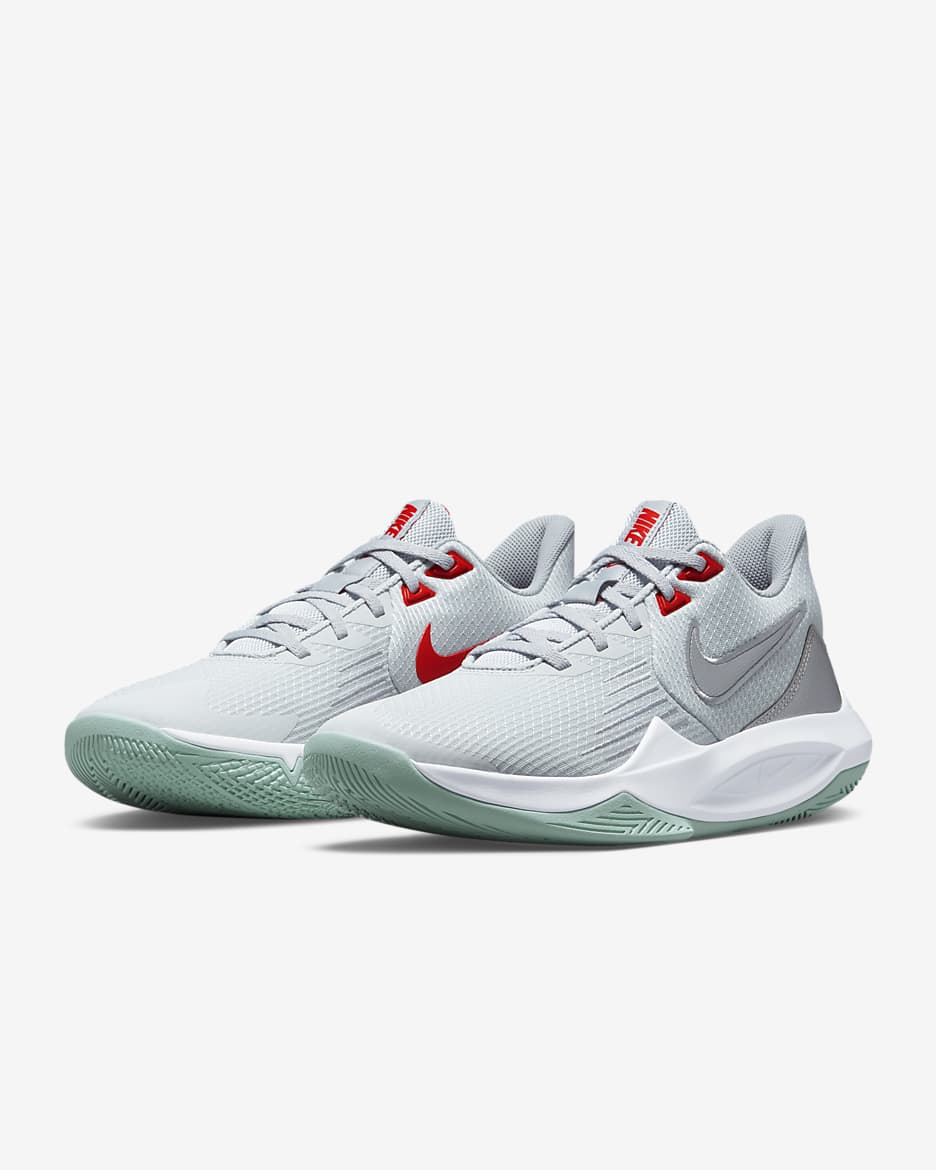 Nike Precision 5 Basketball Shoes - Pure Platinum/Wolf Grey/Chile Red/Metallic Silver