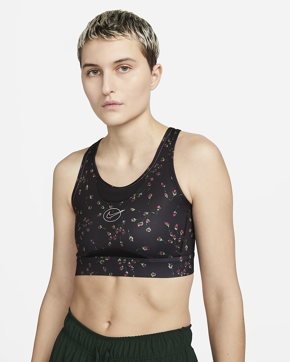Bra deportivo con abertura posterior con almohadilla de una sola pieza de media sujeción para mujer Nike Swoosh Icon Clash - Negro/Blanco/Negro
