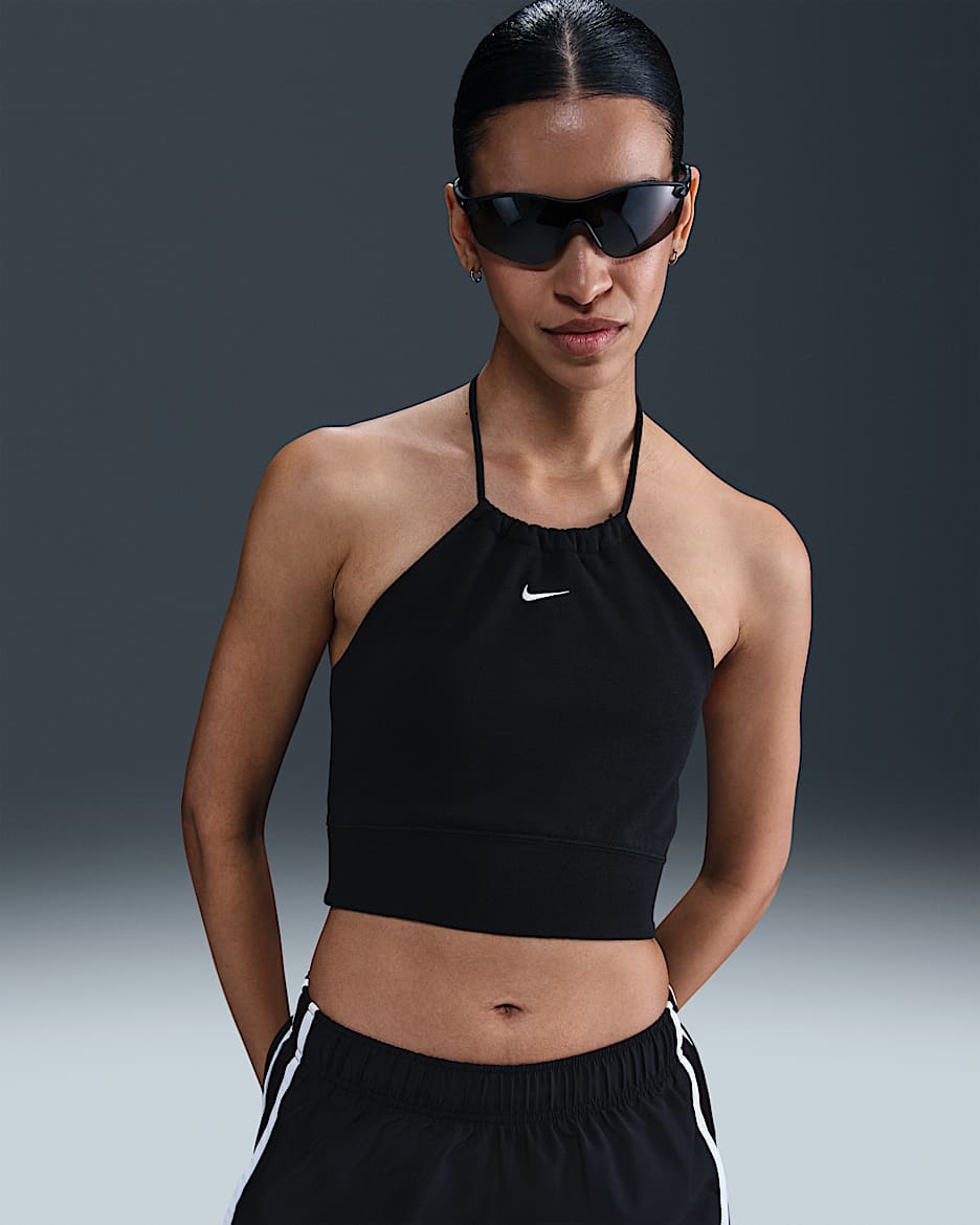 Top halter de French Terry slim cropped para mujer Nike Sportswear Chill Terry - Negro/Vela