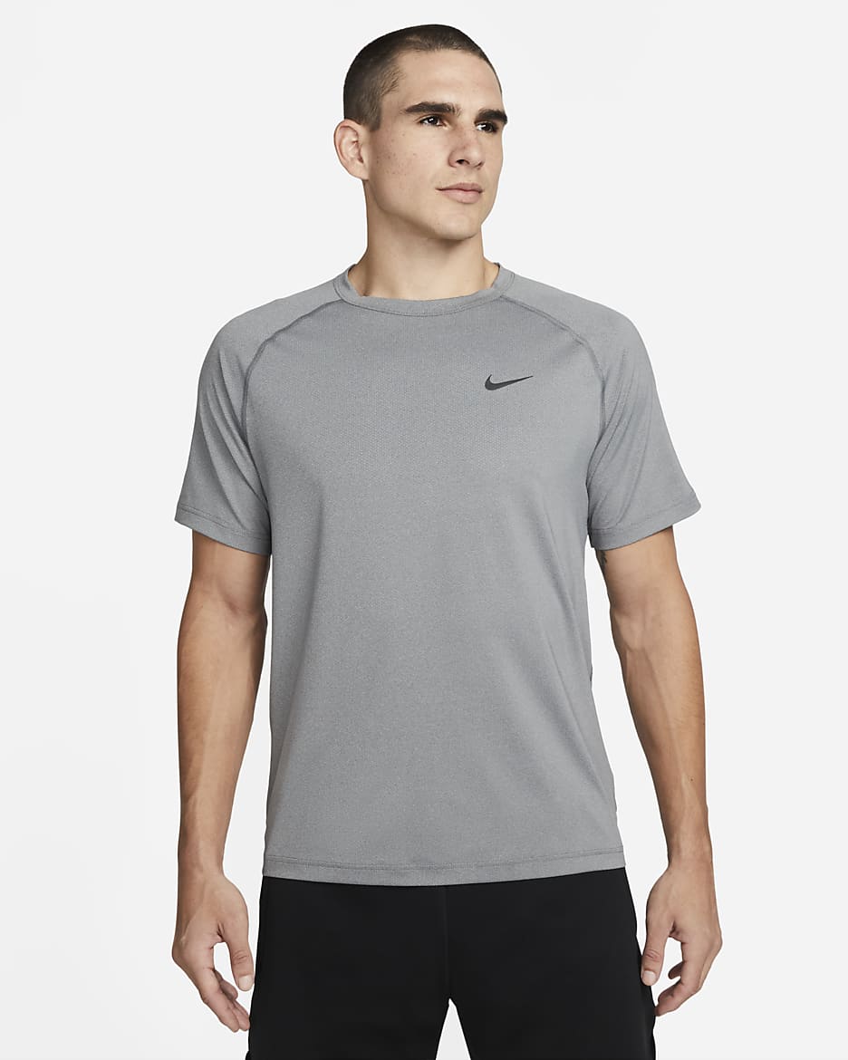 Nike Ready Nike Dri-FIT Kurzarm-Fitness-Oberteil für Herren - Smoke Grey/Heather/Schwarz