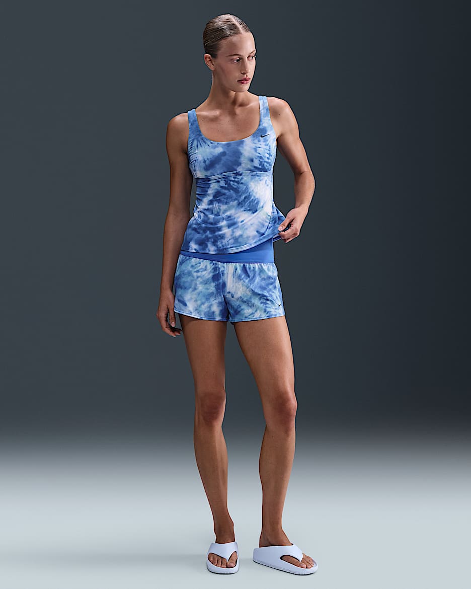 Boardshort de tiro alto para mujer Nike Swim - Azul Pacífico/Blanco/Azul verdoso lavado/Azul marino medianoche