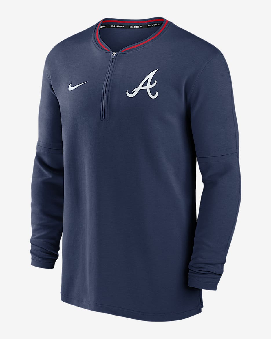 Playera de manga larga Nike Dri-FIT de la MLB de medio cierre para hombre Atlanta Braves Authentic Collection - Azul marino