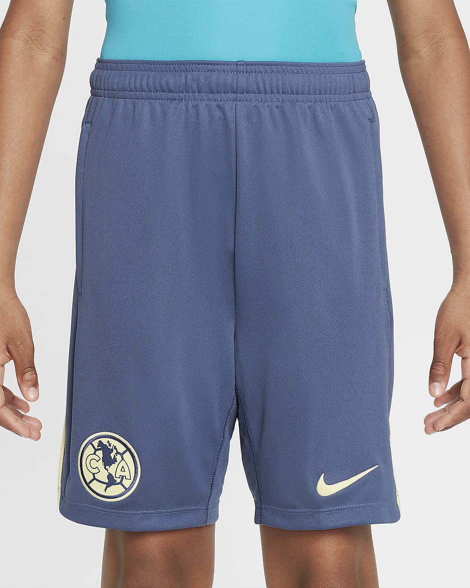 Shorts de fútbol de tejido Knit Nike Dri-FIT para niños talla grande Club América Academy Pro - Azul difuso/Chifón limón/Chifón limón