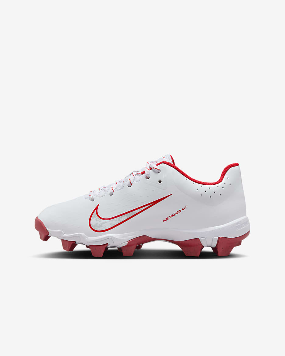 Tacos de softball para niños grandes Nike Hyperdiamond 4 Keystone - Blanco/Platino puro/Rojo universitario