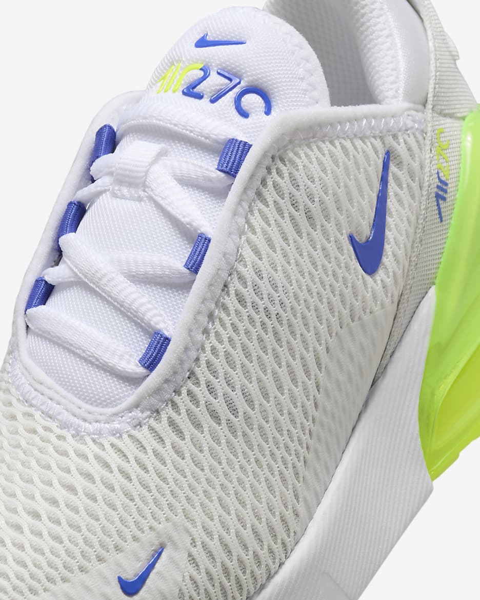 Tenis para niños de preescolar Nike Air Max 270 - Blanco/Volt/Polvo fotón/Azul astronómico