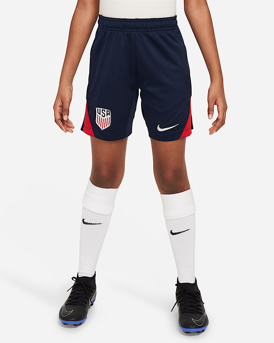 Shorts de futbol de la selección nacional masculina de Estados Unidos Strike de tejido Knit Nike Dri-FIT para niños talla grande - Obsidiana/Rojo deportivo/Blanco