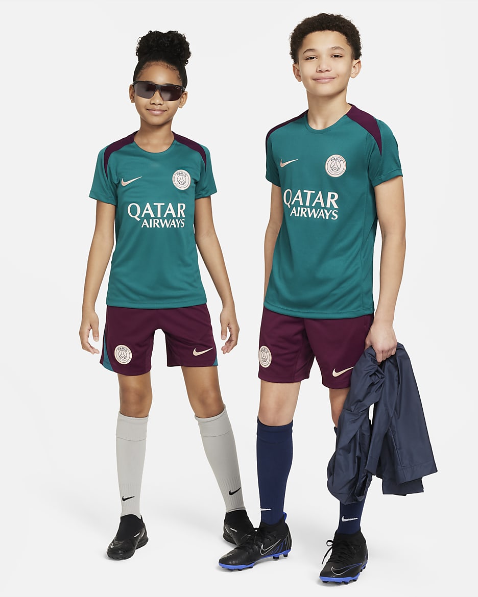 Paris Saint-Germain Strike Nike Dri-FIT knit voetbaltop met korte mouwen voor kids - Geode Teal/Geode Teal/Bordeaux/Guava Ice