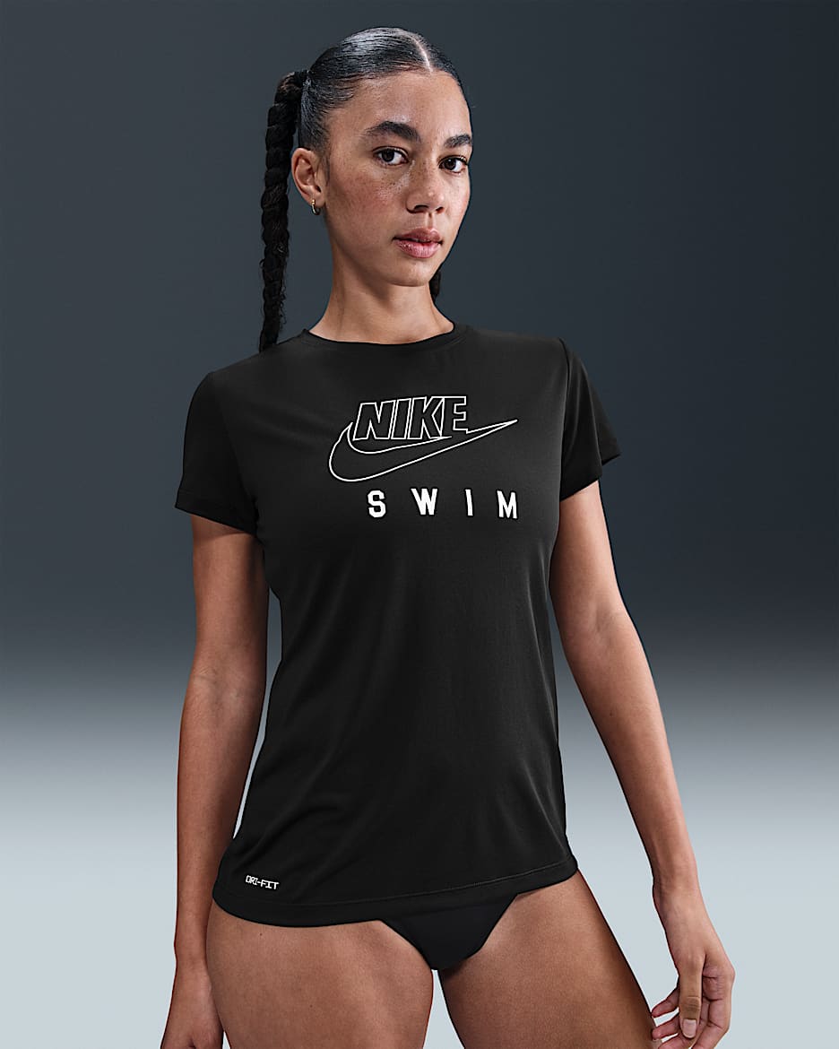 Playera de manga corta para mujer Nike Swim Swoosh Hydroguard - Negro