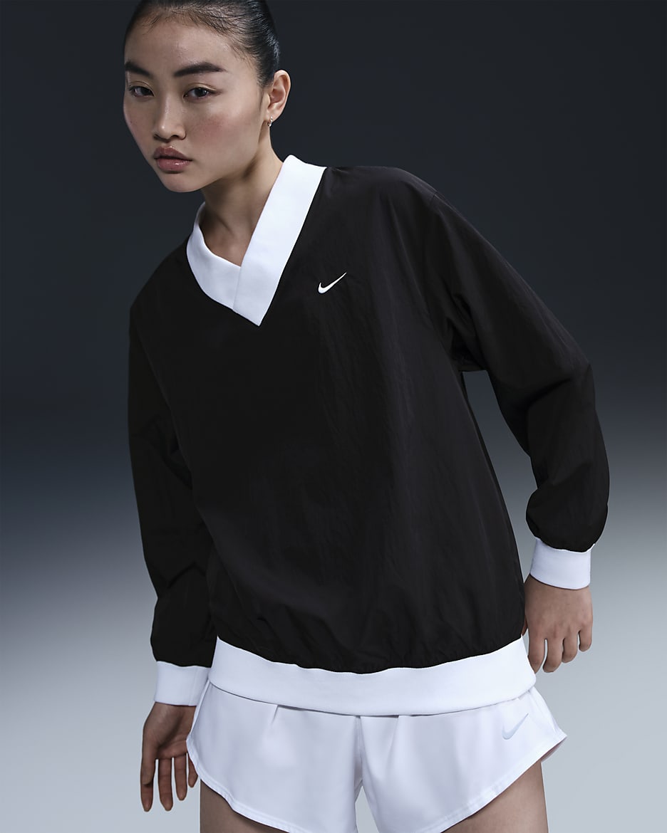Nike Sportswear Essential Women's Loose UV Woven Long-Sleeve V-Neck Top - Black/White
