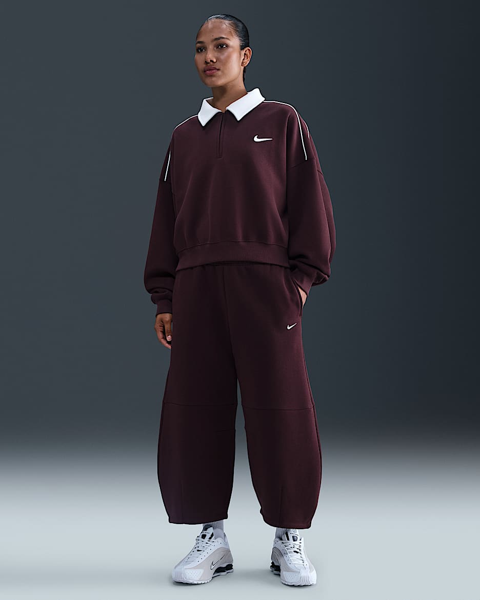 Pantalones entubados de tiro medio holgados para mujer Nike Sportswear Phoenix Fleece - Burdeos enérgico/Vela
