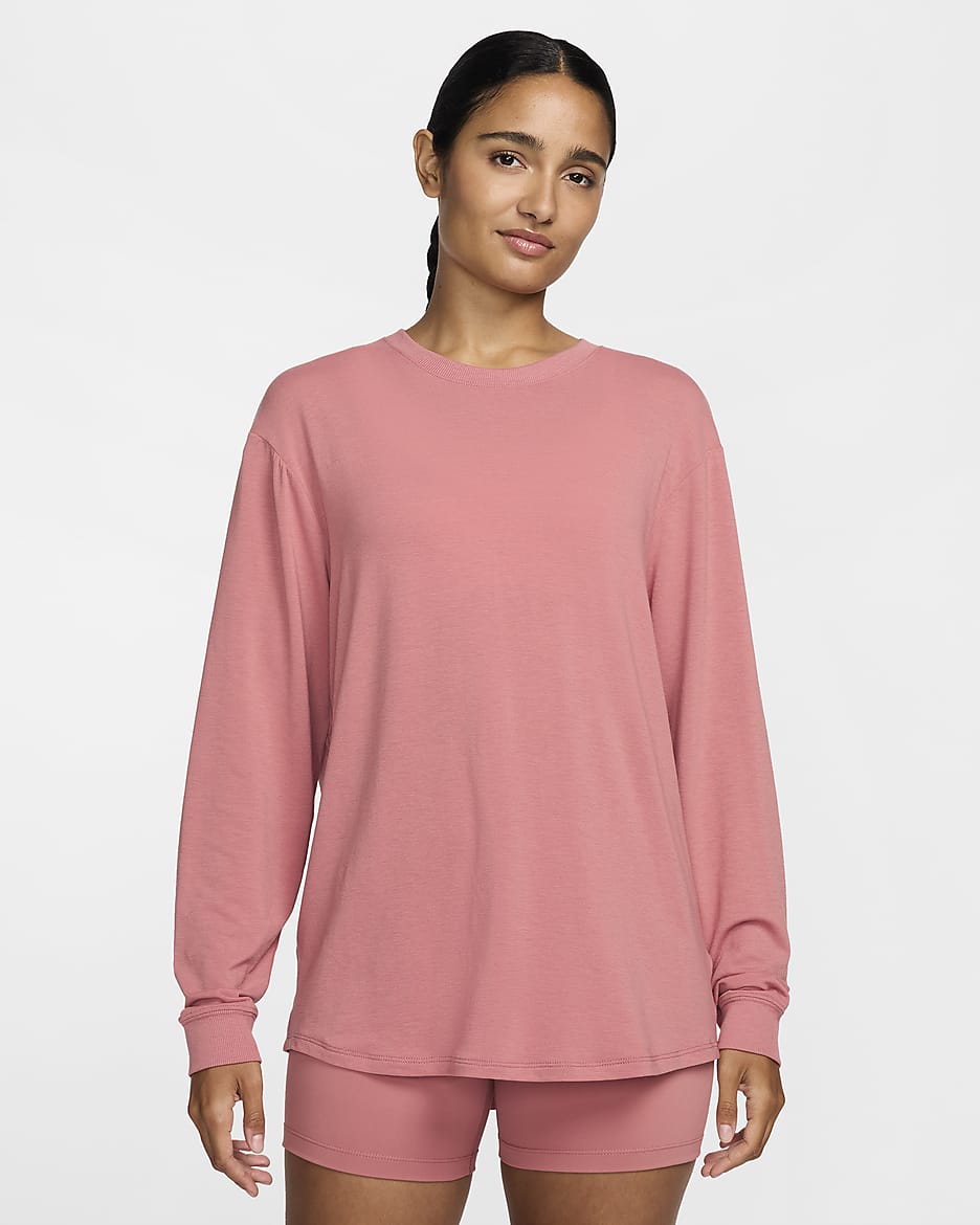 Playera de manga larga Dri-FIT para mujer Nike One Relaxed - Rosa cañón/Negro