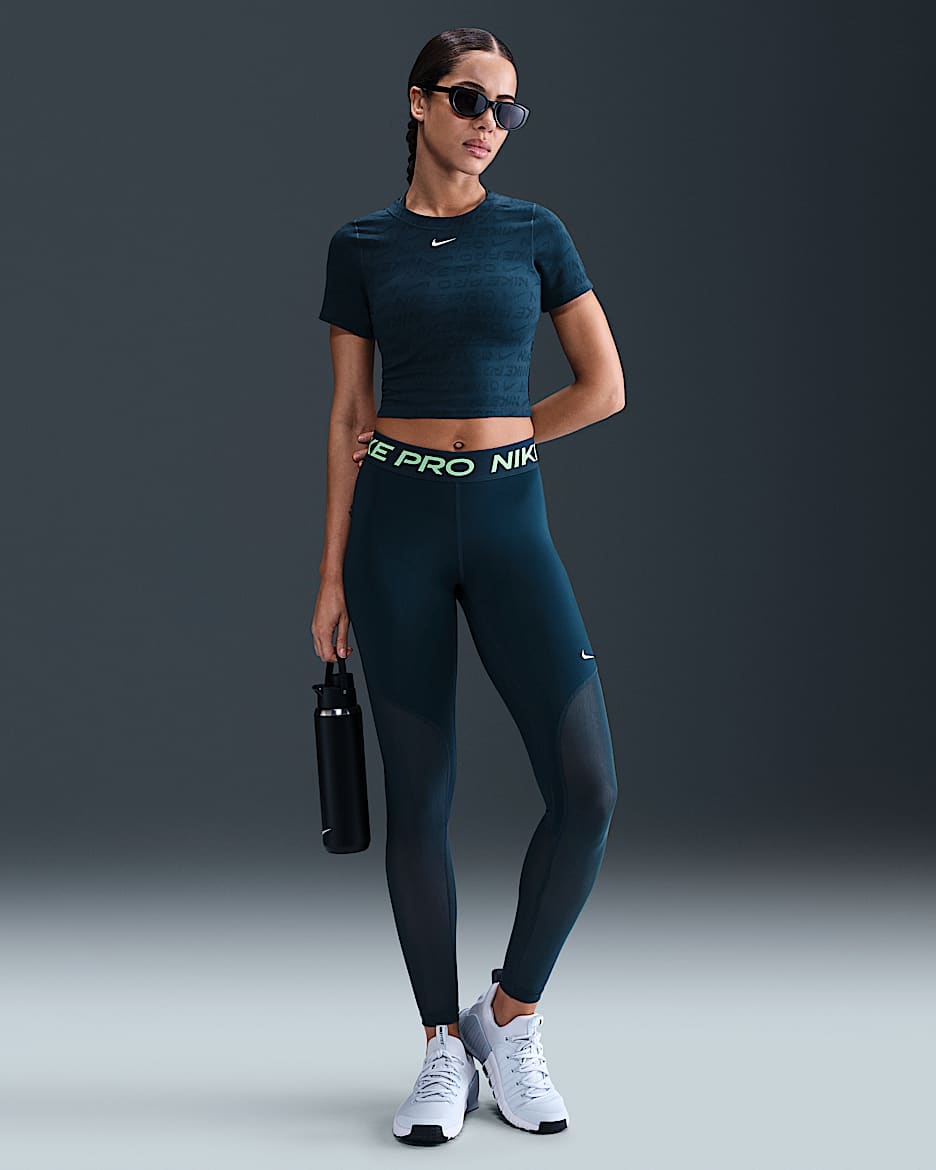 Nike Pro Women's Mid-Rise Full-Length Mesh-Panelled Leggings - Armoury Navy/Barely Volt/White