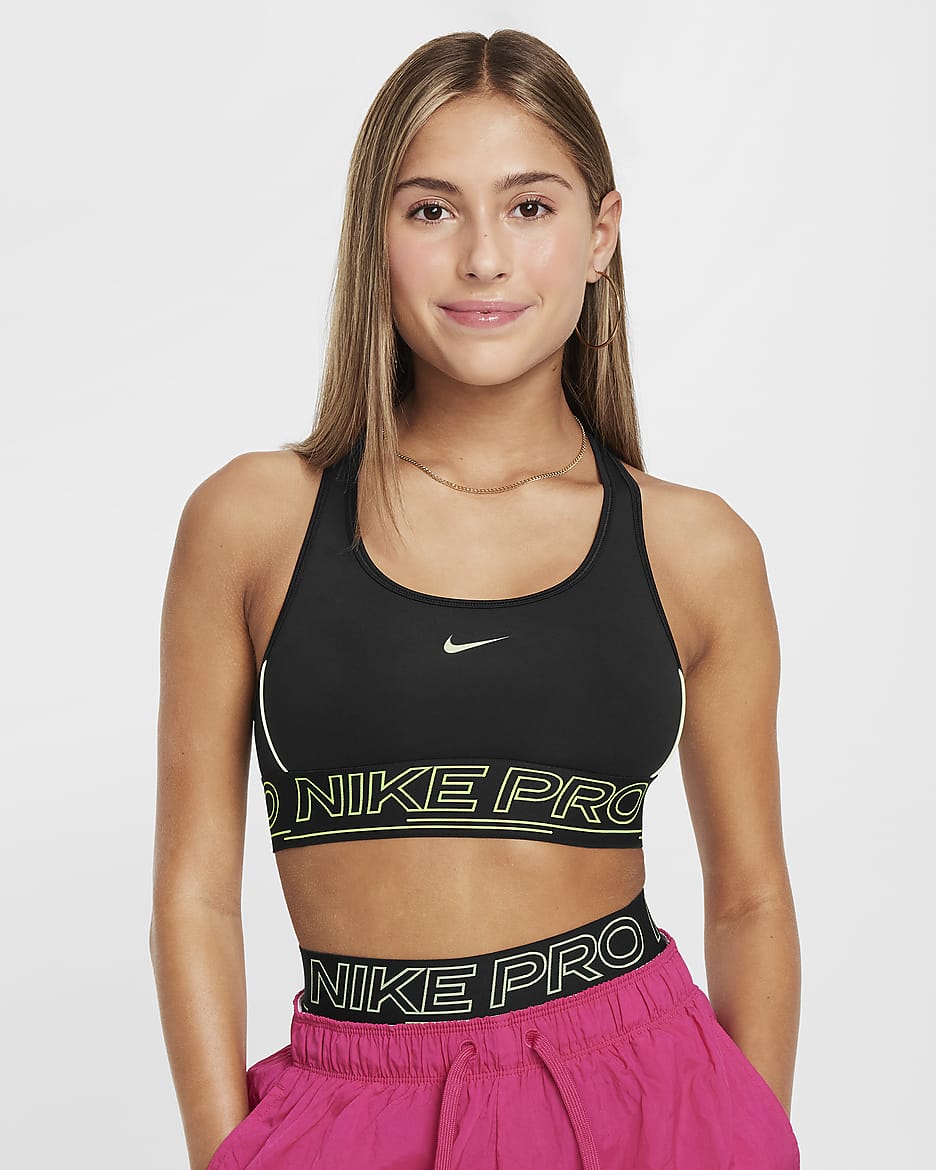 Nike Pro Swoosh Kız Çocuk Spor Sütyeni - Siyah/Volt/Volt