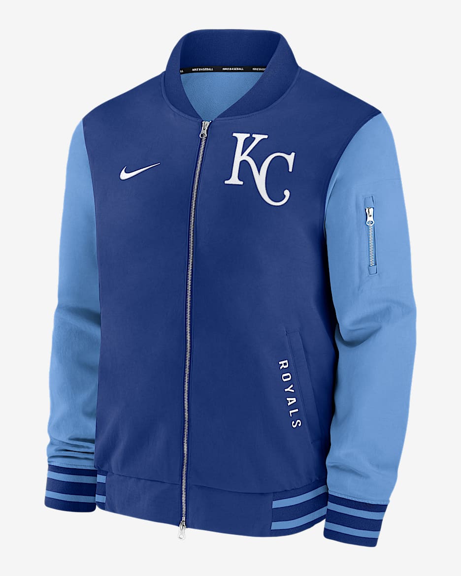 Chamarra bomber Nike de la MLB de cierre completo para hombre Kansas City Royals Authentic Collection Dugout - Azul enérgico