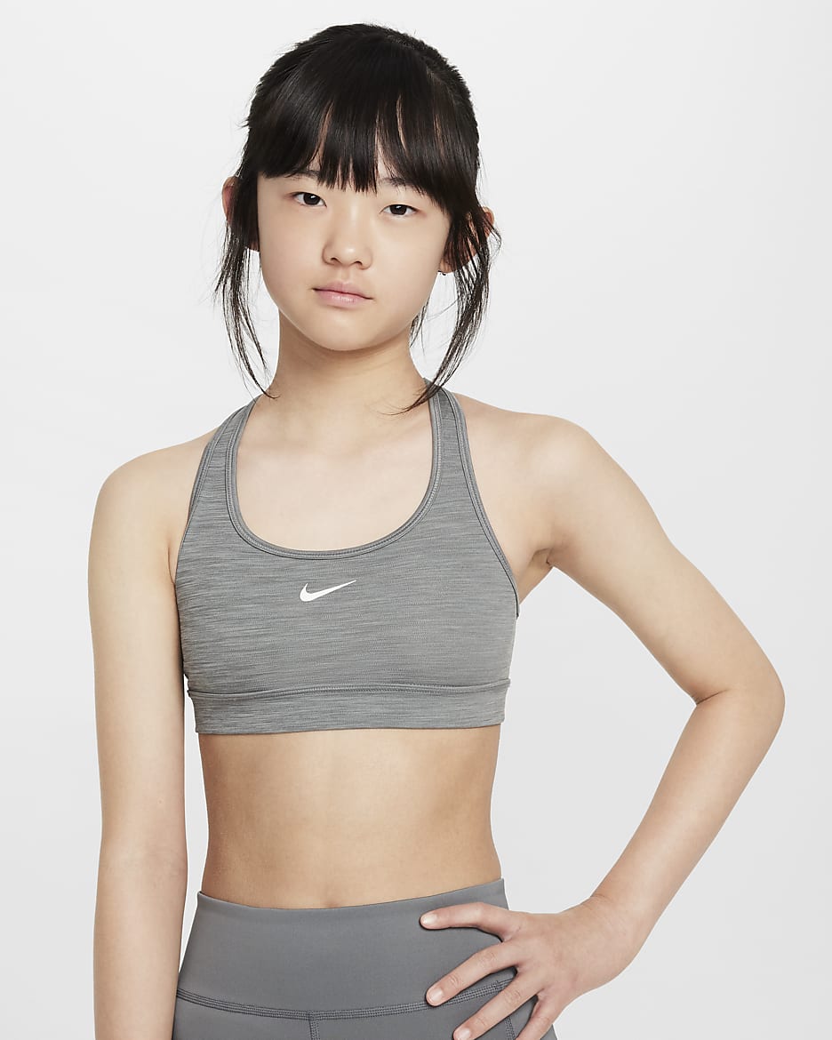 Bra deportivo para niña talla grande Nike Swoosh - Carbono jaspeado/Blanco