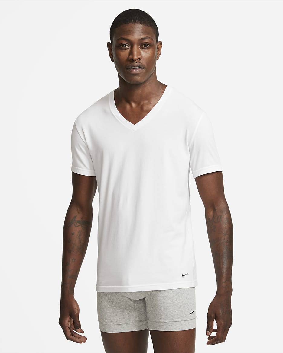 Nike Everyday Cotton Stretch Men's Slim Fit V-Neck Undershirt (2-Pack) - White/White