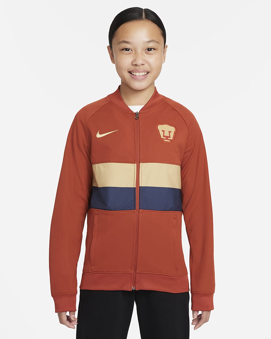 Chamarra de fútbol de cierre completo para niños talla grande Nike Pumas UNAM - Naranja leña/Obsidiana/Oro genuino