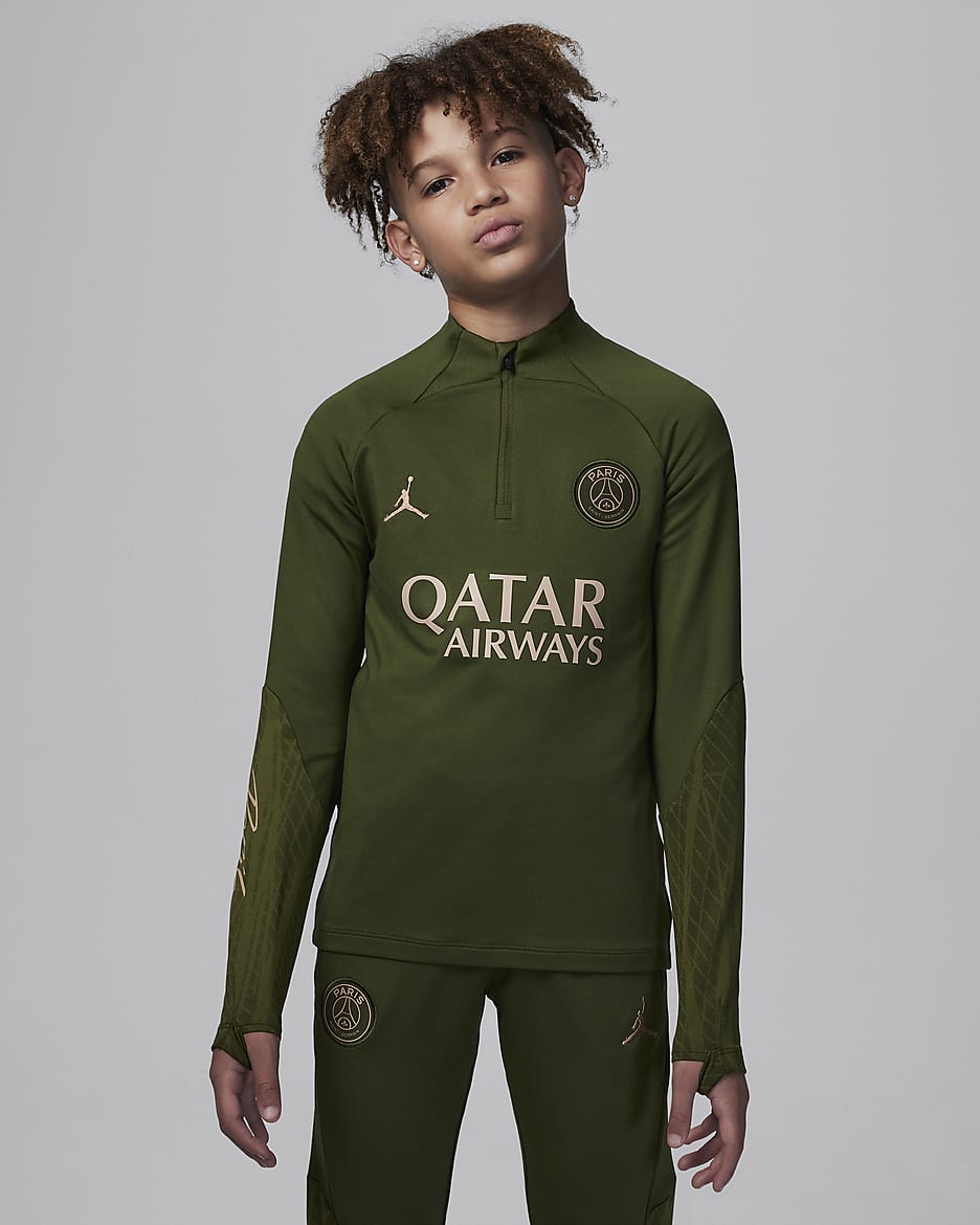 Paris Saint-Germain Strike Fourth Older Kids' Jordan Dri-FIT Football Drill Top - Rough Green/Rough Green/Dark Obsidian/Hemp