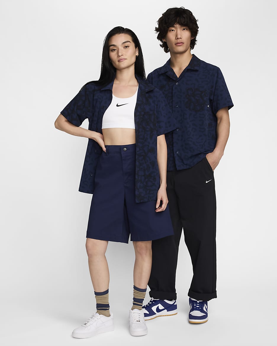 Nike SB Print Bowler Short-Sleeve Button-Down Skate Top - Midnight Navy