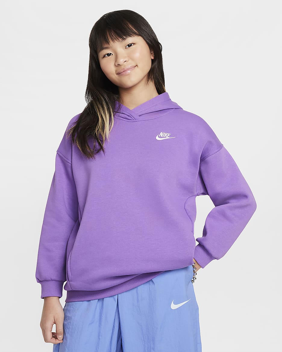 Nike Sportswear Club Fleece Big Kids' Oversized Pullover Hoodie - Black Raspberry/White