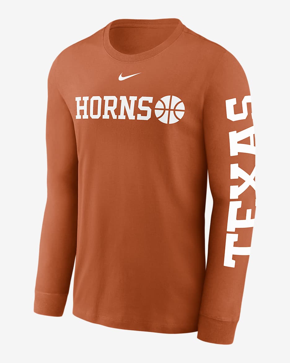 Playera de manga larga universitaria Nike para hombre Texas Longhorns Basketball Icon - Naranja desierto